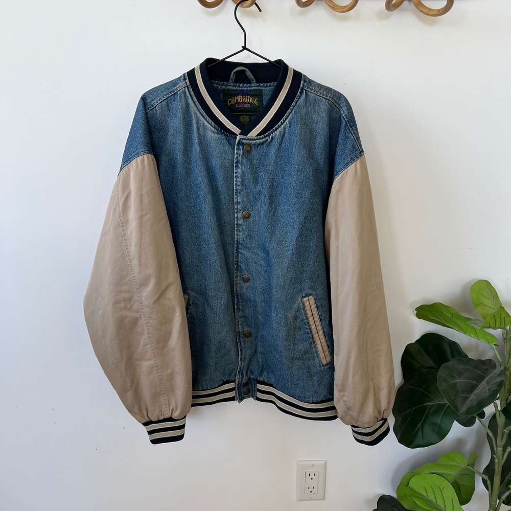 Cambridge Classics Mens Denim Varsity Bomber Jacket Blue Tan Vintage Style L